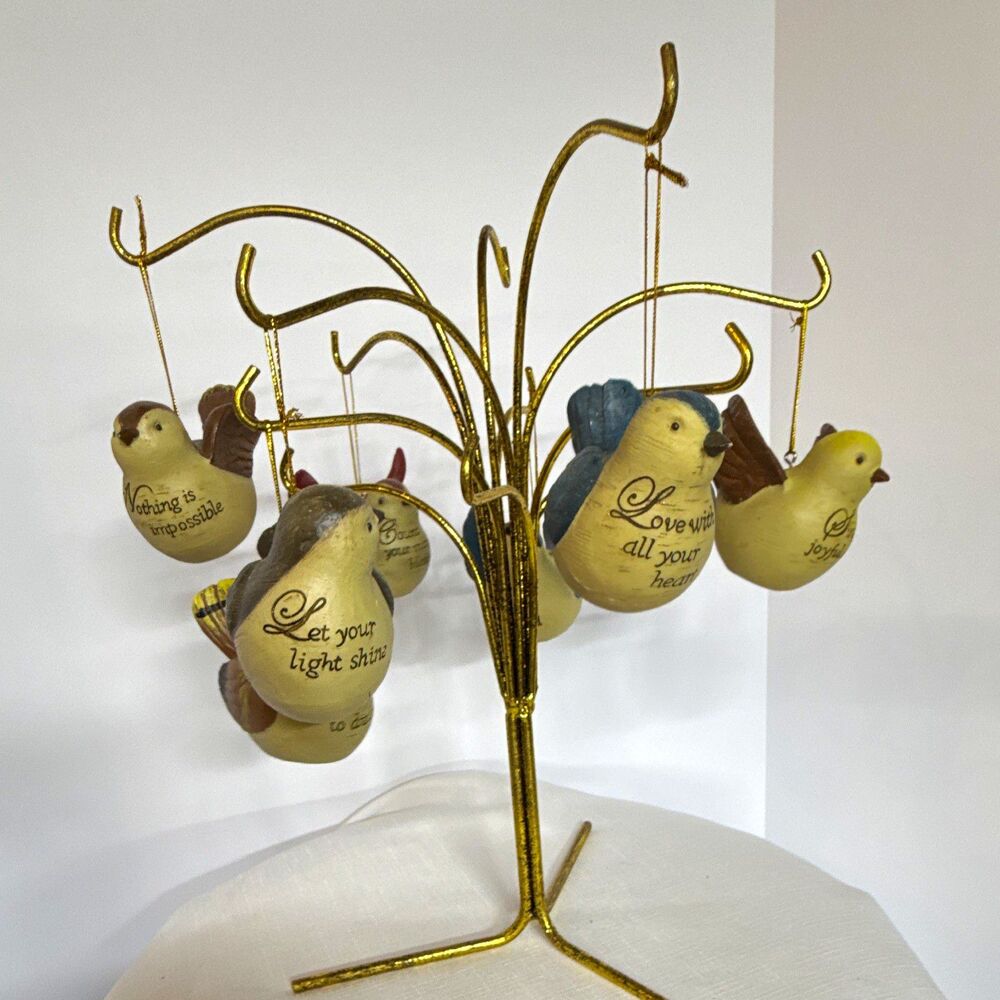 Vintage-Style "Daily Blessings" Bird Ornaments Set of 7 with Display Tree Stand
